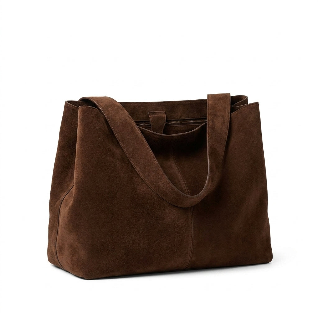 The Grand Suede Winter Bag na cor Coffee em fundo branco