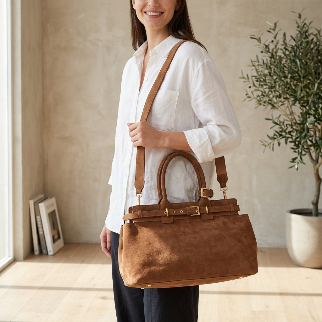 The Pure Suede Artisan Bag em uso por modelo