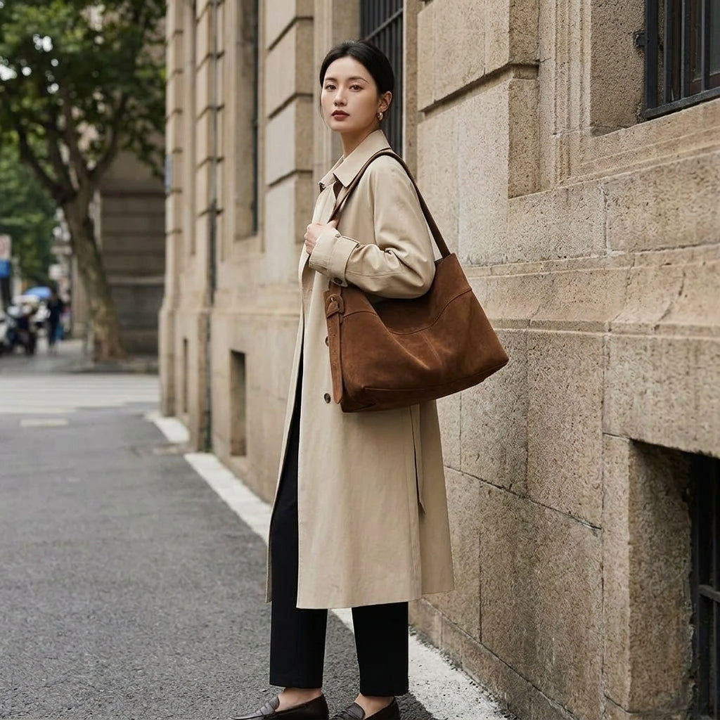 The Grand Suede Winter Bag em uso por modelo