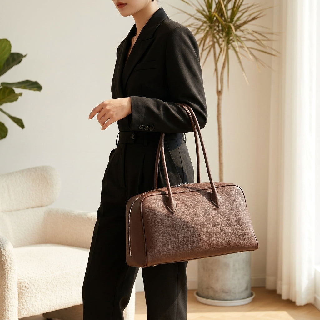 Signature Soft Suede Barrel Bag em uso por modelo