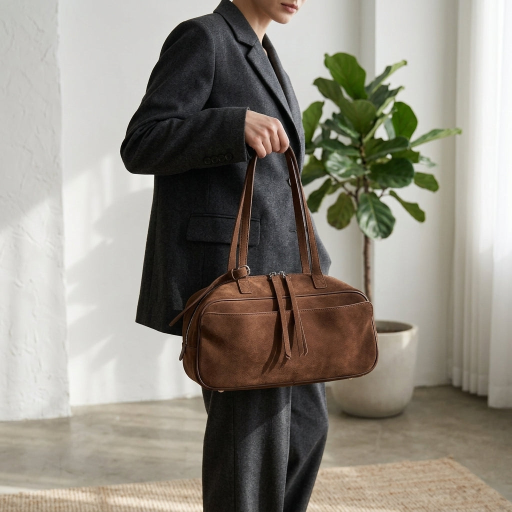 The Serene Suede Barrel Bag em uso por modelo