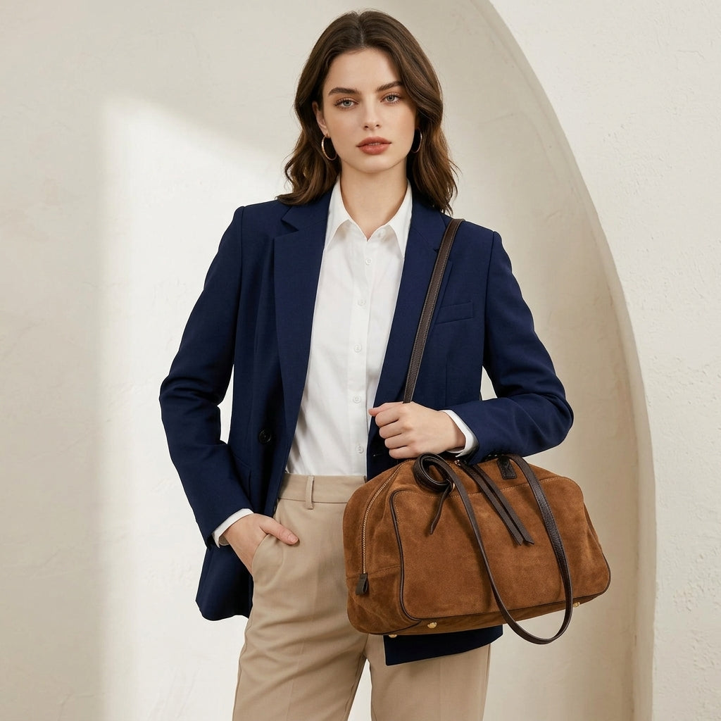 Matte Velvet Essence Shoulder Bag em uso por modelo