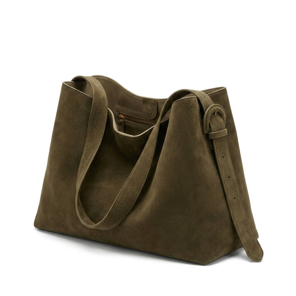 The Grand Suede Winter Bag na cor Khaki em fundo branco