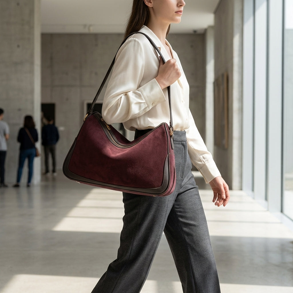 Vintage Matte Suede Grand Bag em uso por modelo