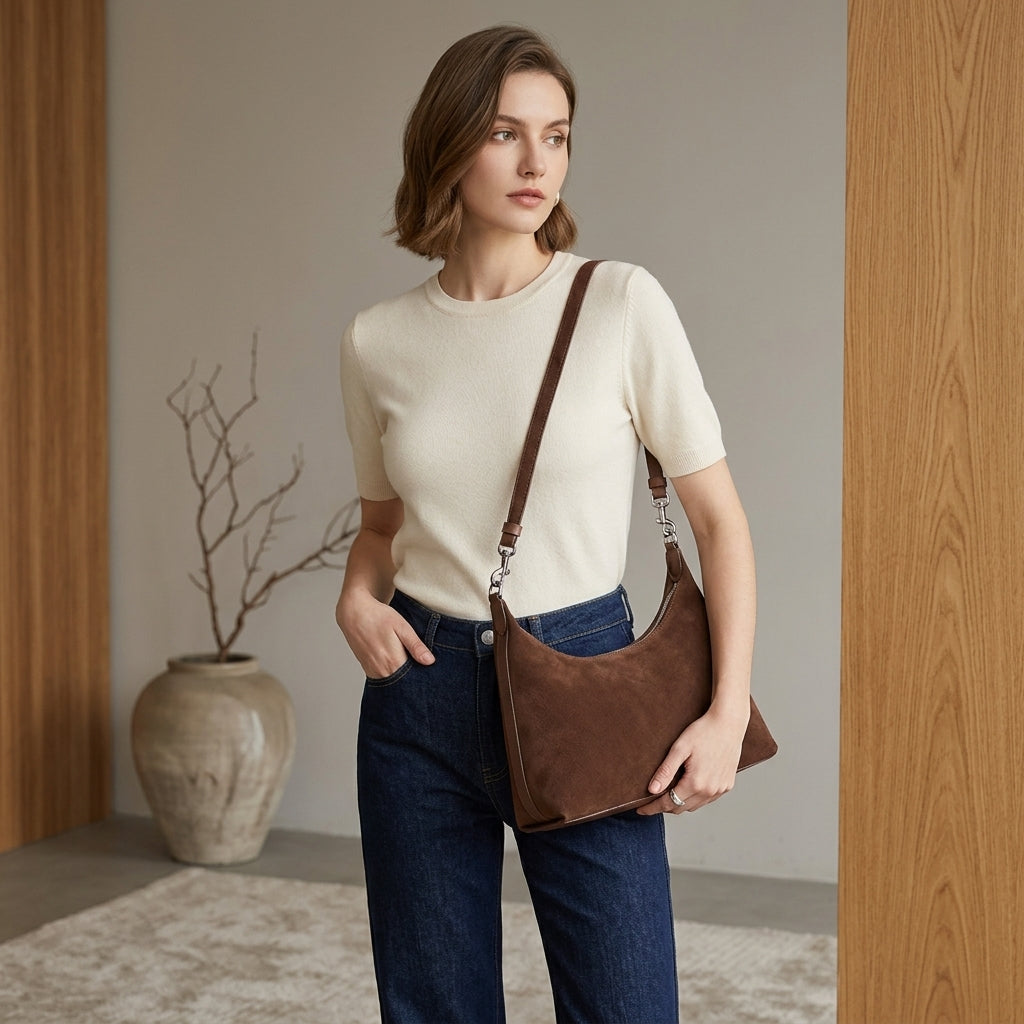 Urban Frosted Suede Crossbody em uso por modelo