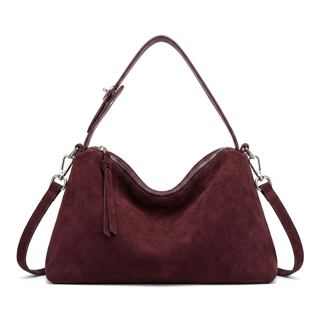 Large Suede Shoulder Bag for Work na cor Dark Red em fundo branco
