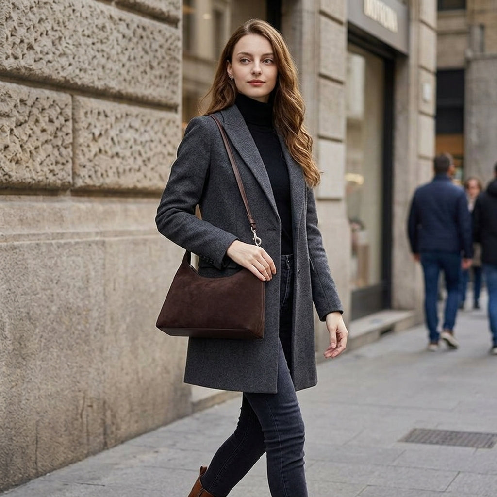 Urban Frosted Suede Crossbody em uso por modelo