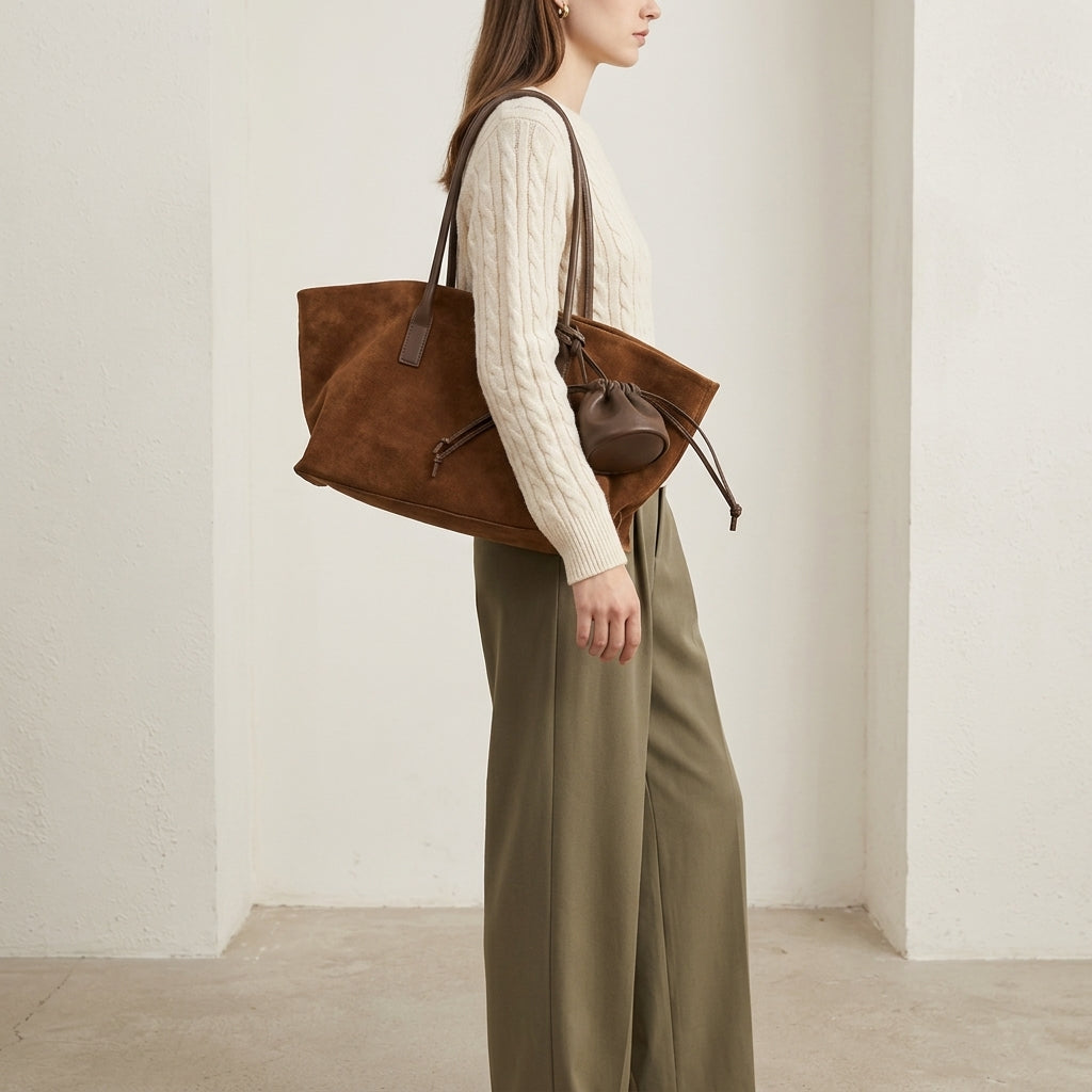 Matte Velvet Oversized Tote Bag em uso por modelo