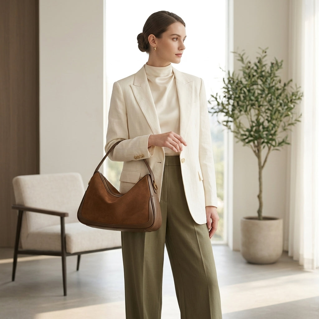 Vintage Matte Suede Grand Bag em uso por modelo