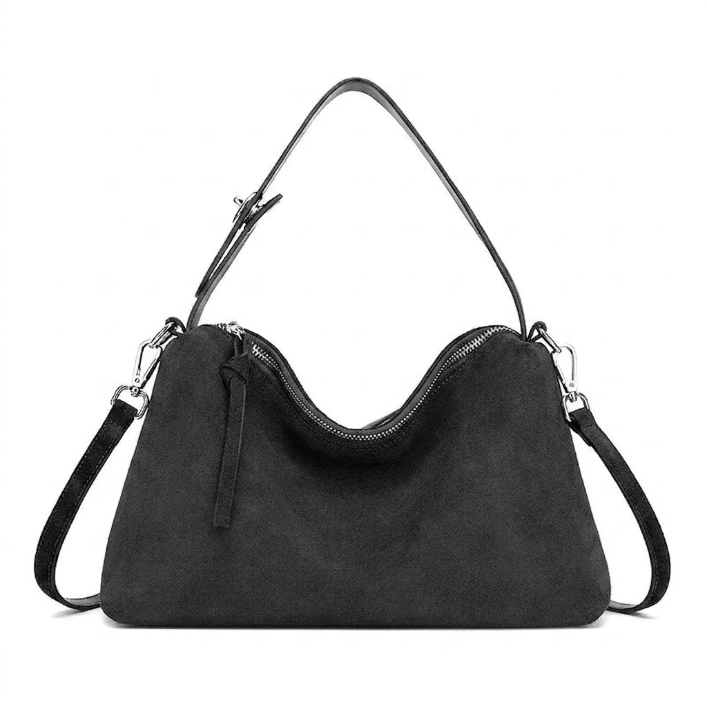 Large Suede Shoulder Bag for Work na cor black em fundo branco