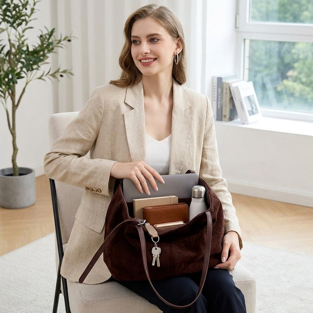 Premium Frosted Suede Shopper em uso por modelo