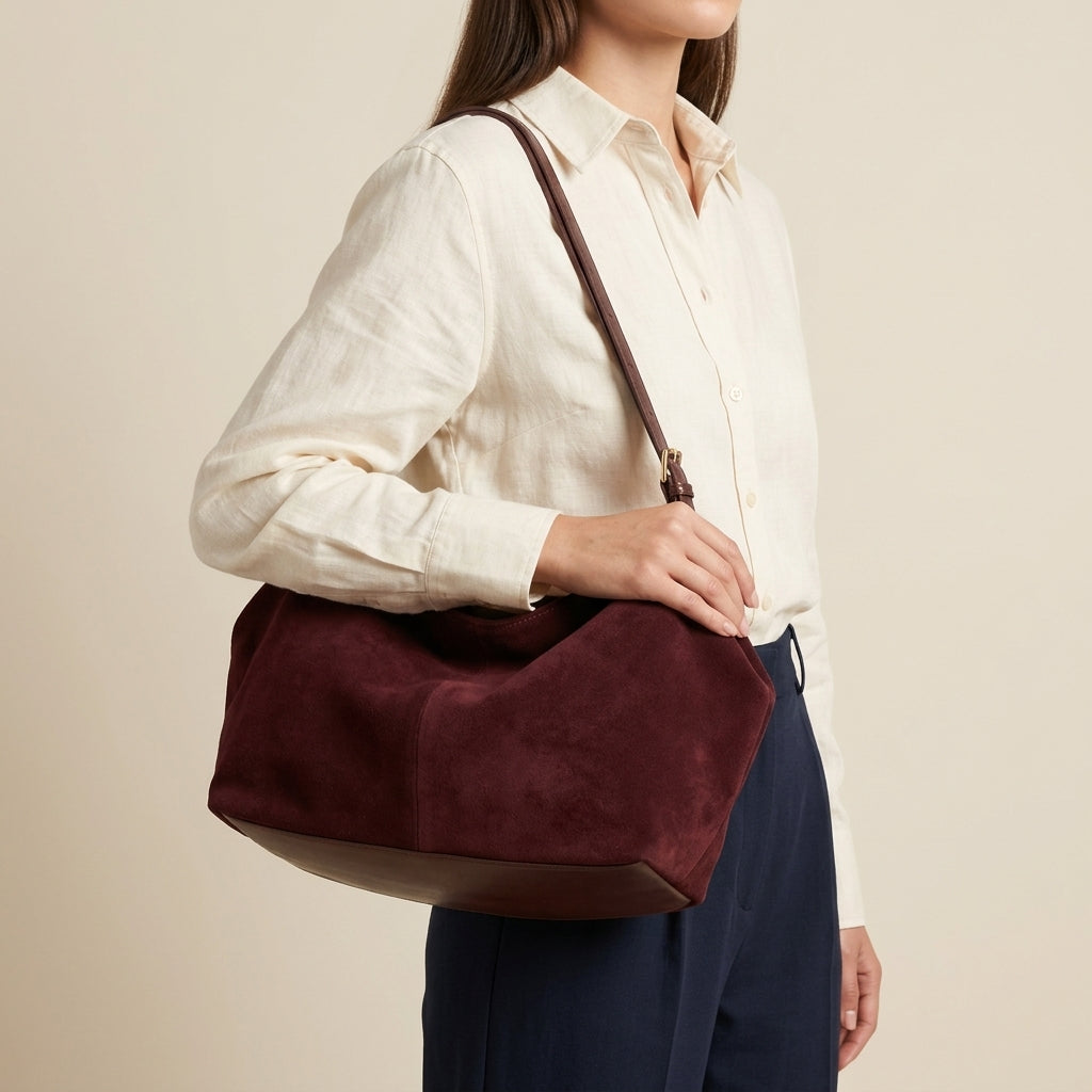 The Suede Boston Pillow Bag em uso por modelo