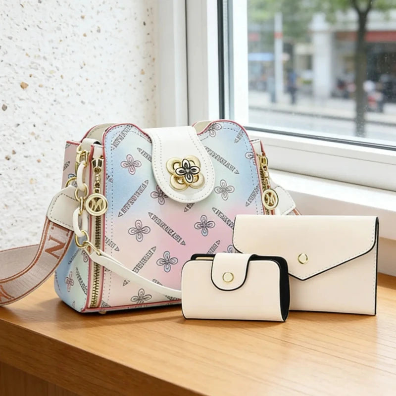 Premium Rainbow Print Bucket Crossbody Bag Set