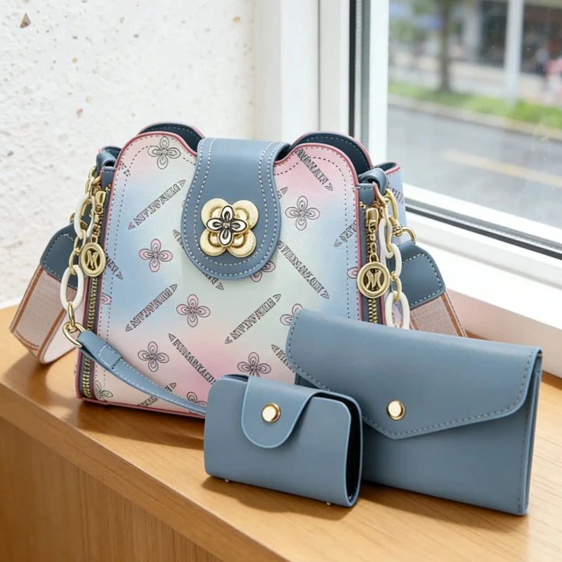 Premium Rainbow Print Bucket Crossbody Bag Set