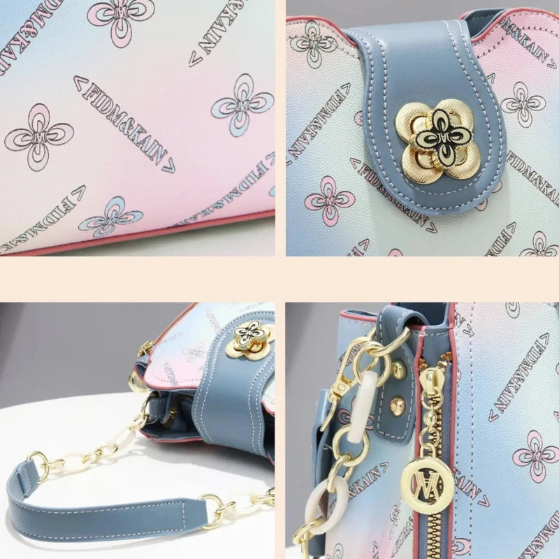 Premium Rainbow Print Bucket Crossbody Bag Set