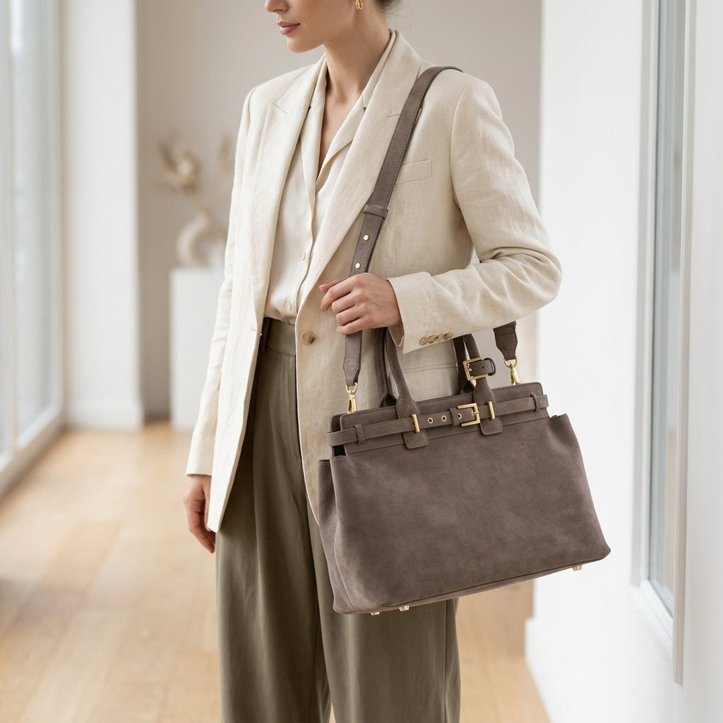 The Pure Suede Artisan Bag em uso por modelo