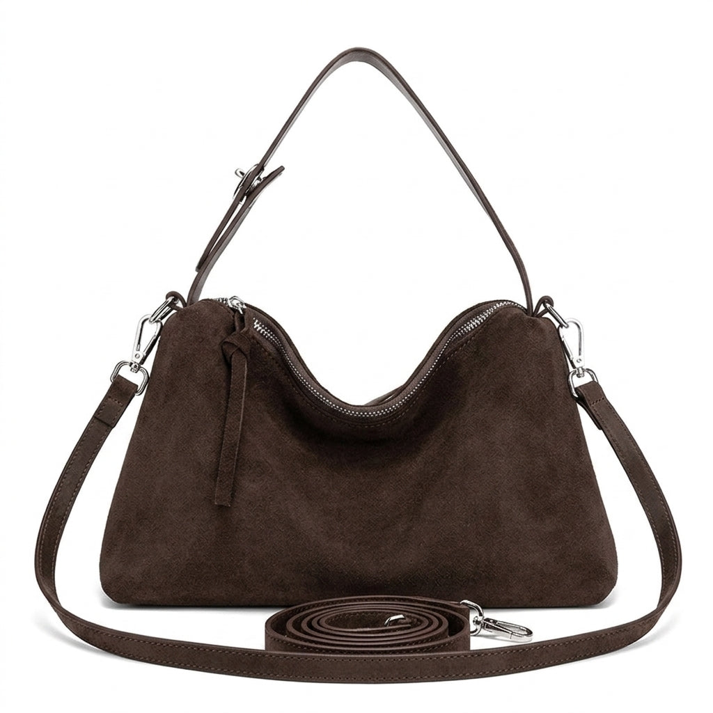 Large Suede Shoulder Bag for Work em fundo branco