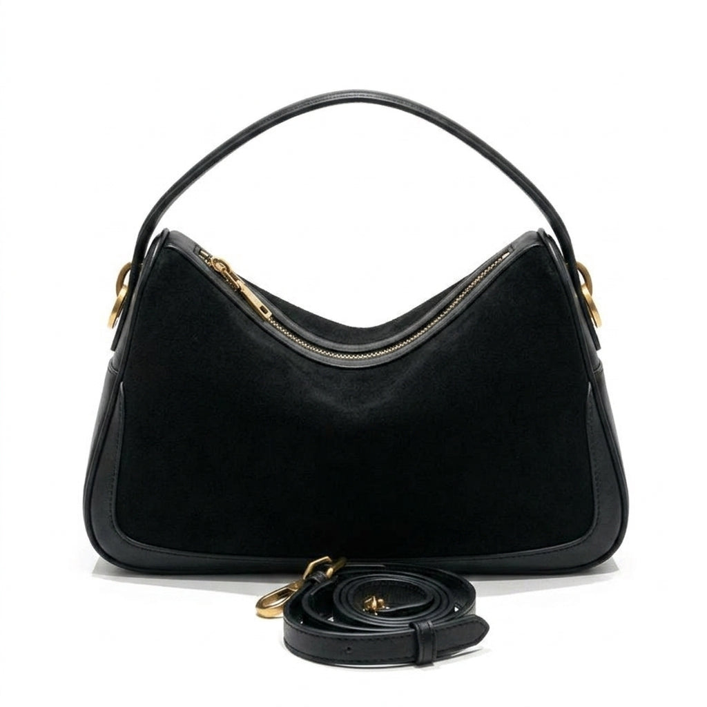 Minimalist Soft Suede Shoulder Bag na cor flat black em fundo branco