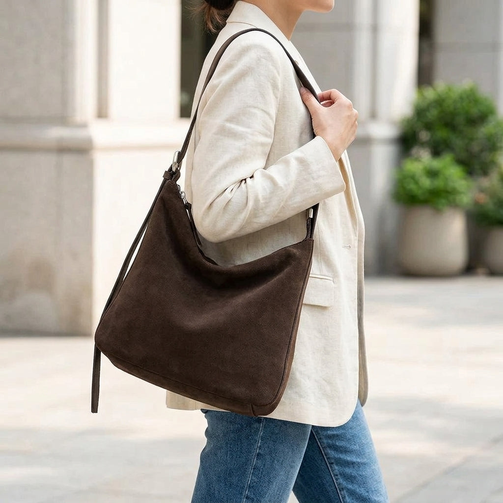 Velvet-Matte Slouchy Tote em uso por modelo