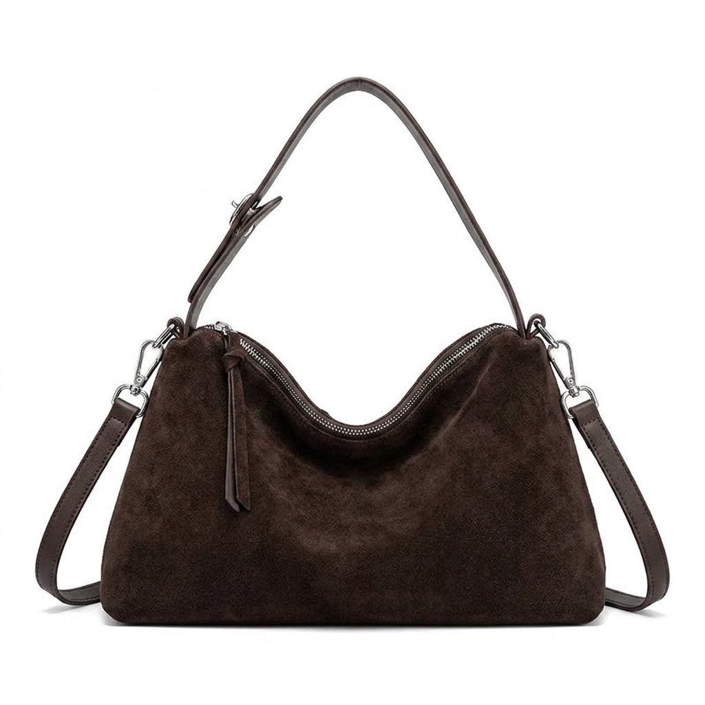 Large Suede Shoulder Bag for Work na cor Dark Coffee em fundo branco