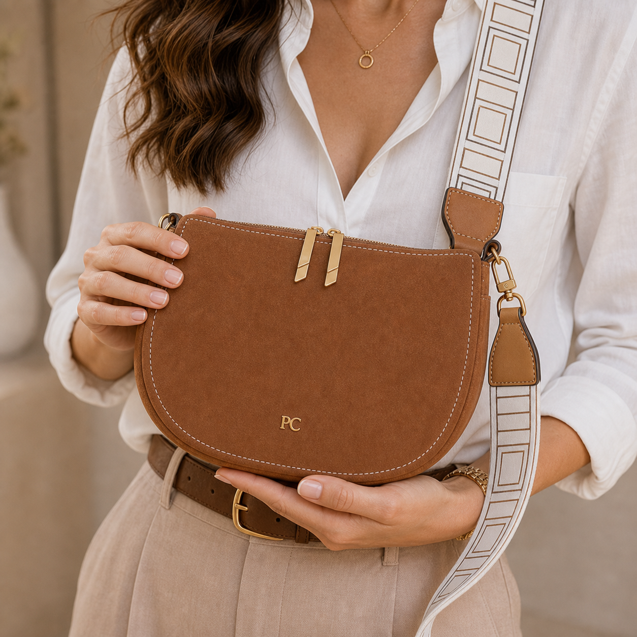 Model presenting Light Brown Classic Dumpling Shoulder Bag