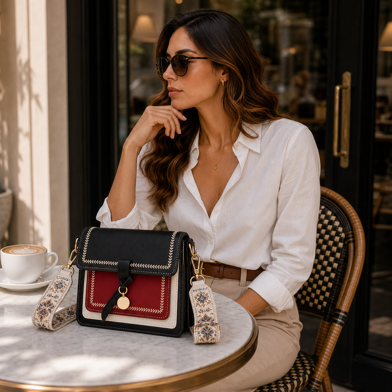 Model with Black Contrasting Color Crossbody Bag