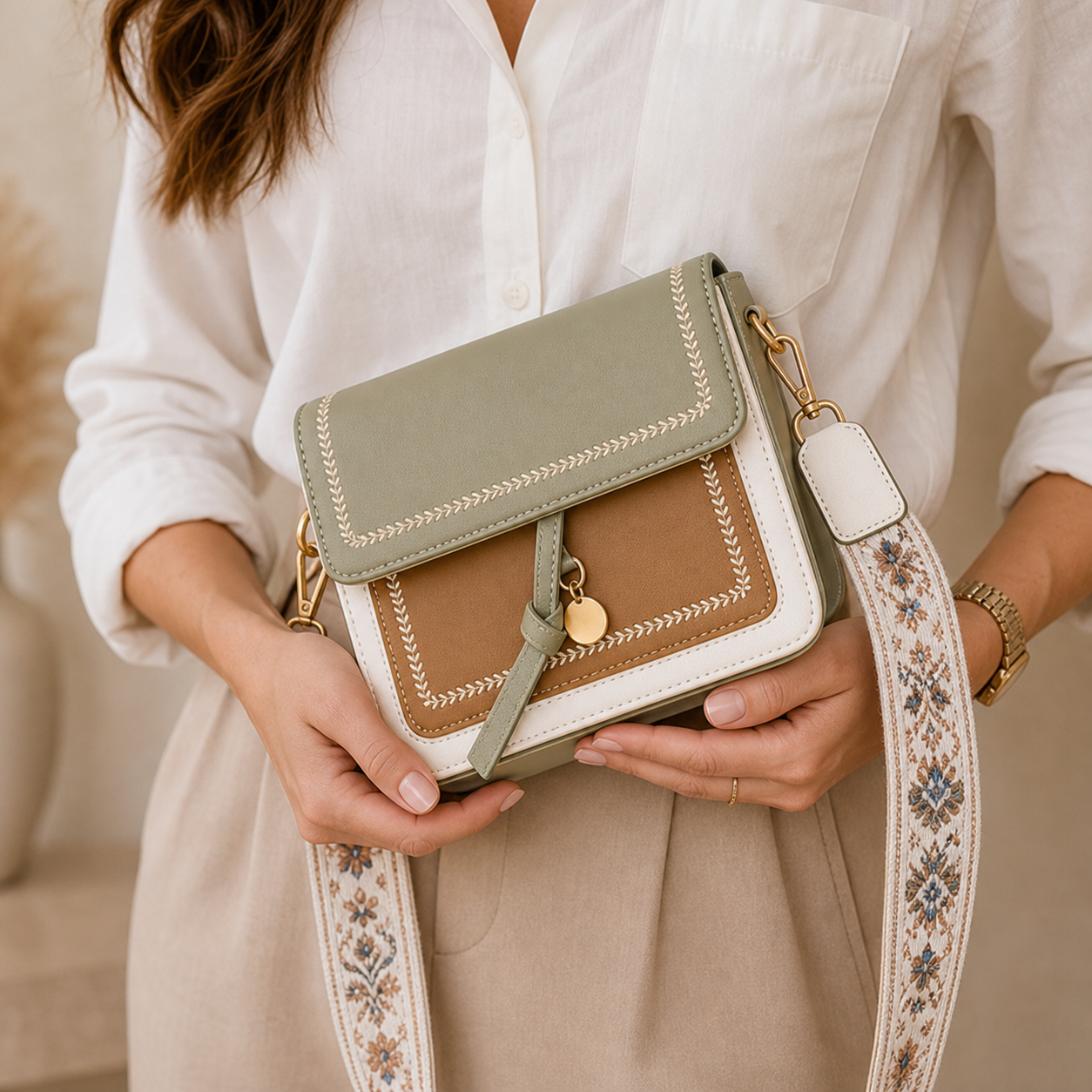 Model holding Green Contrasting Color Crossbody Bag