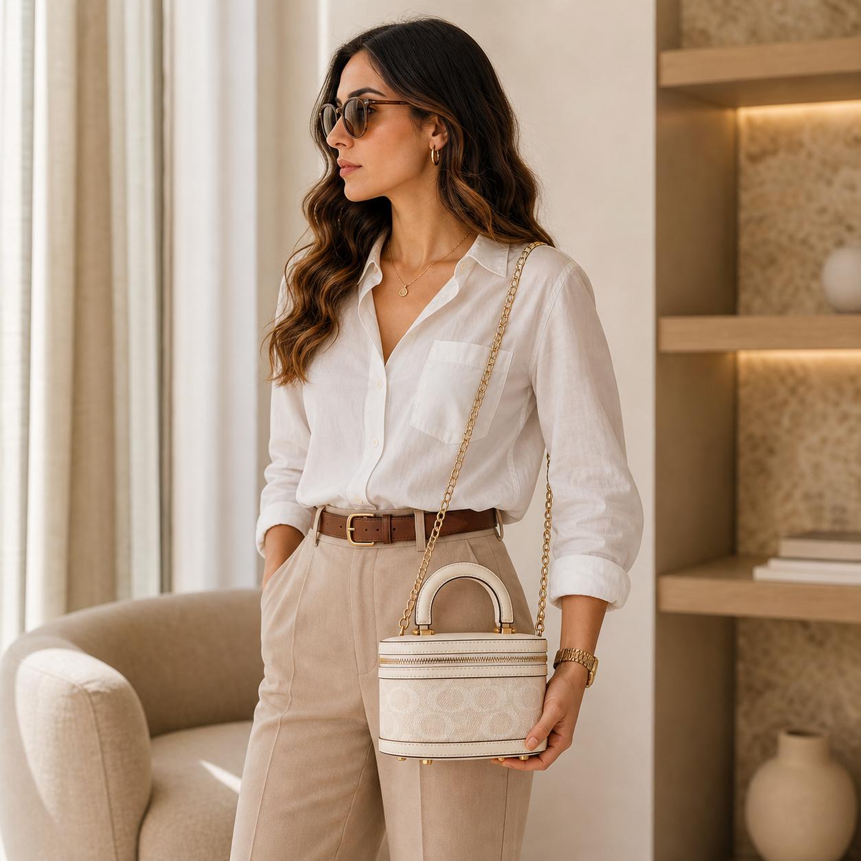 Contrasting Color Bucket Bag white lifestyle with model