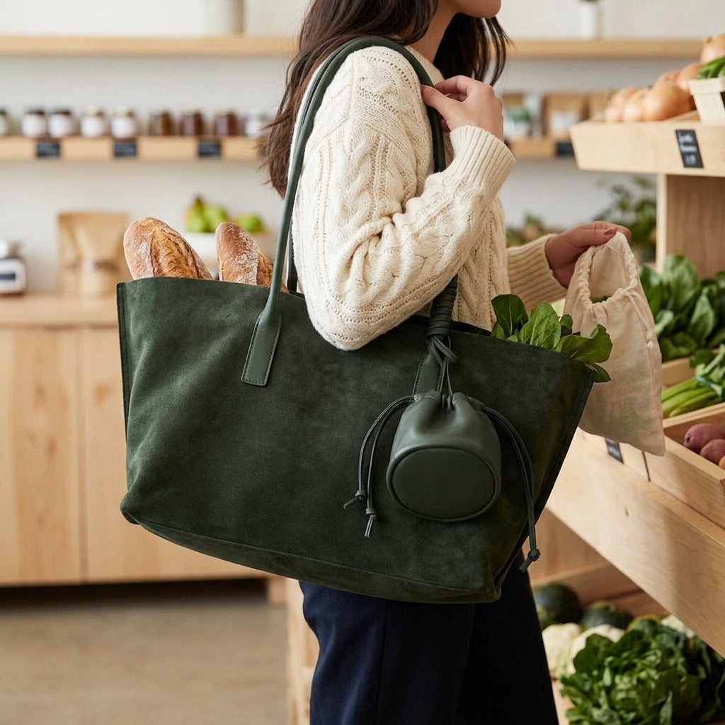 Matte Velvet Oversized Tote Bag em uso por modelo