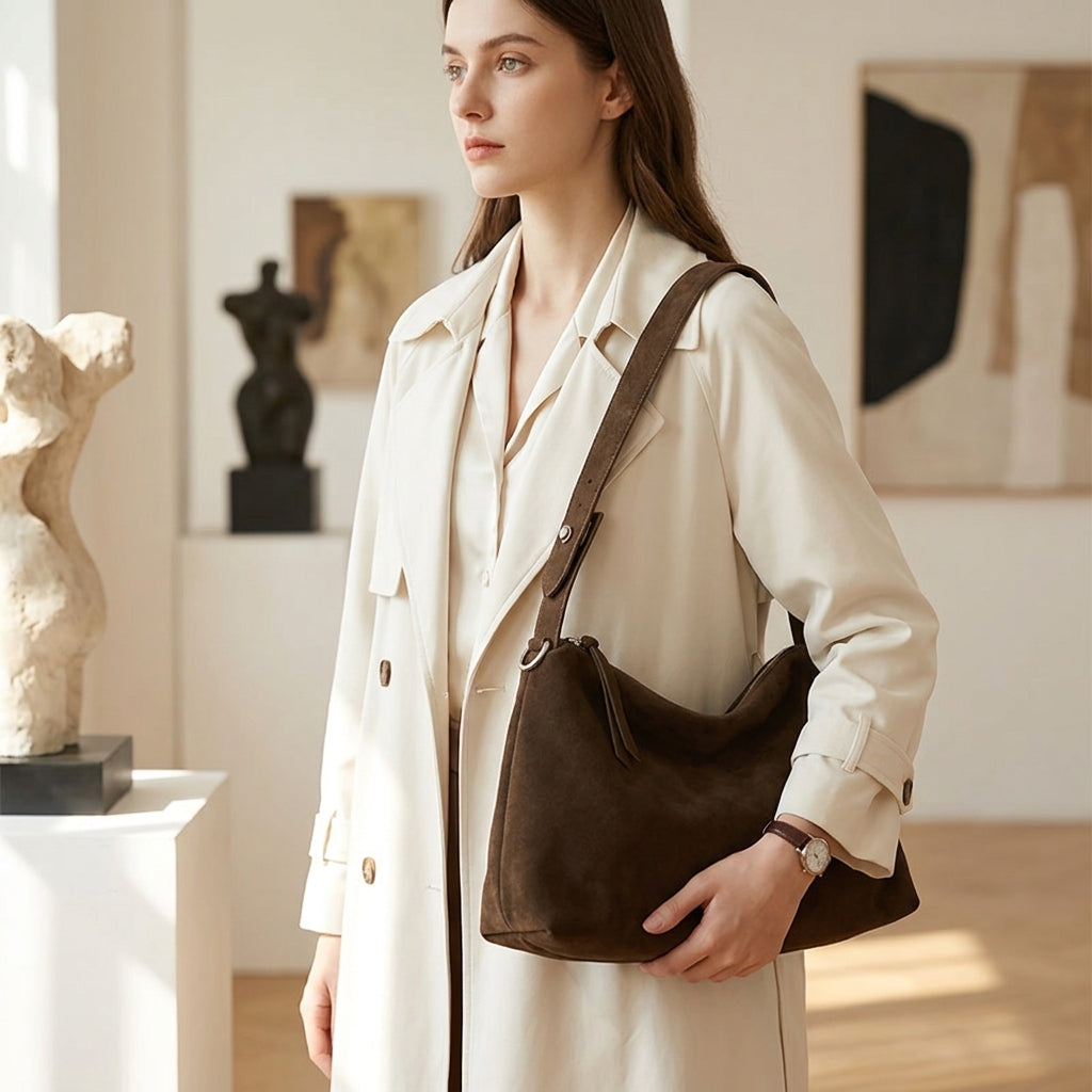 Matte Velvet Niche Shoulder Bag em uso por modelo