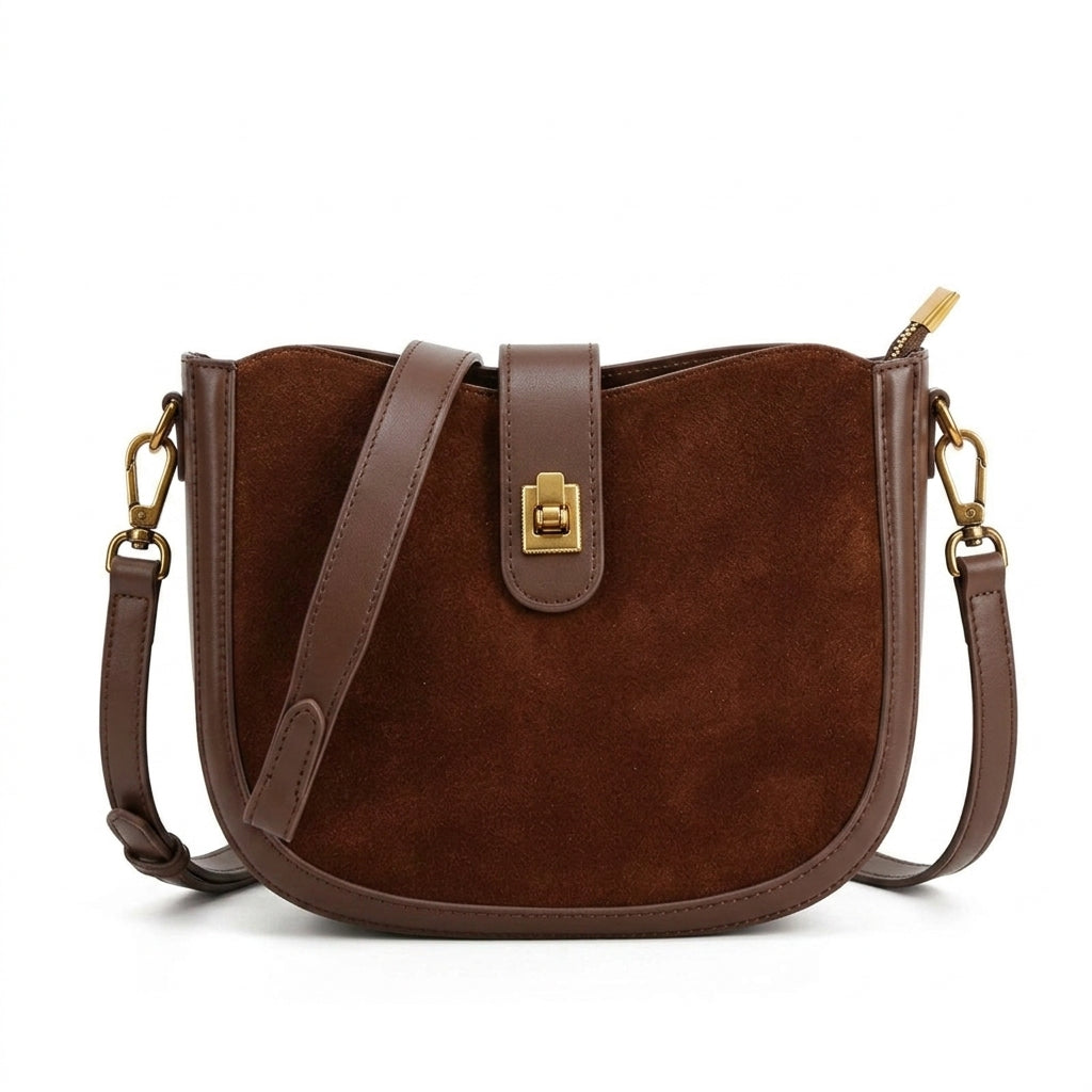 Luna Frosted Suede Half Moon Bag na cor Brown em fundo branco