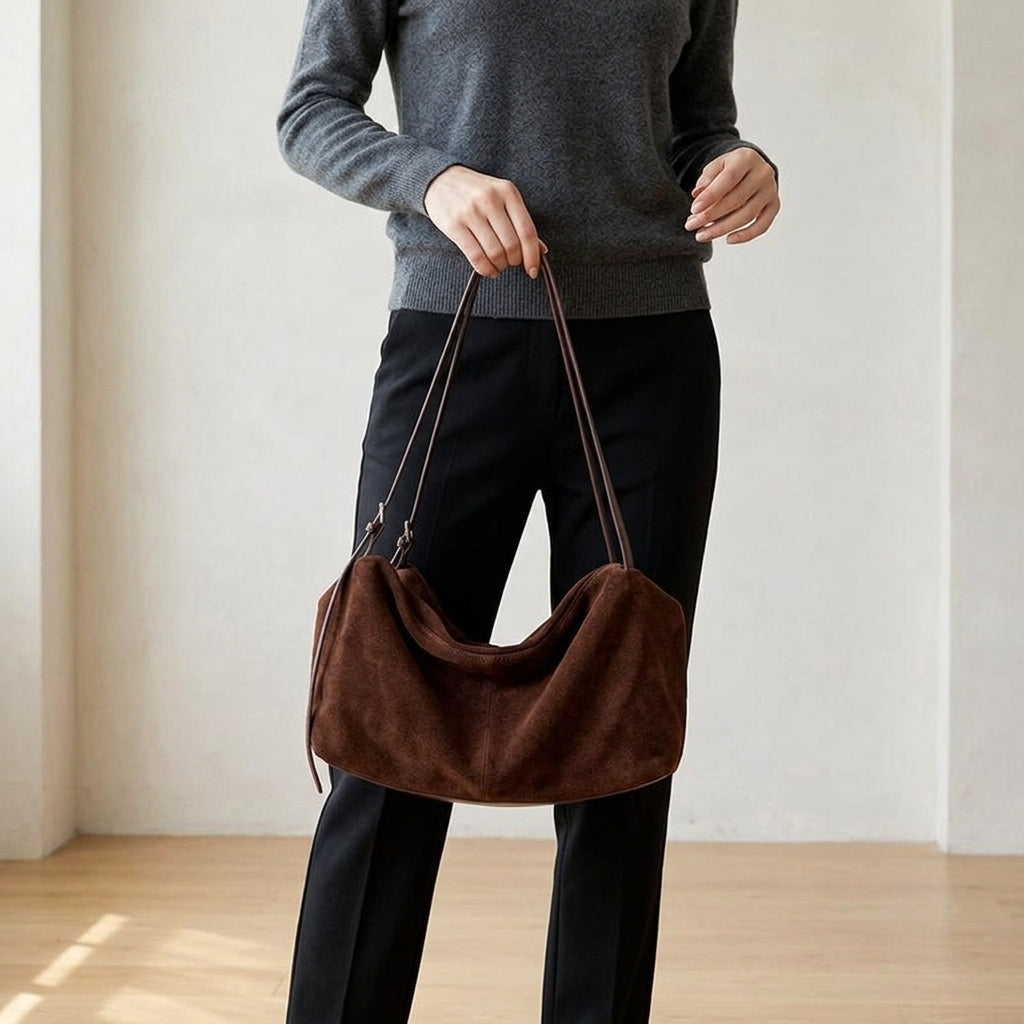 Premium Frosted Suede Shopper em uso por modelo