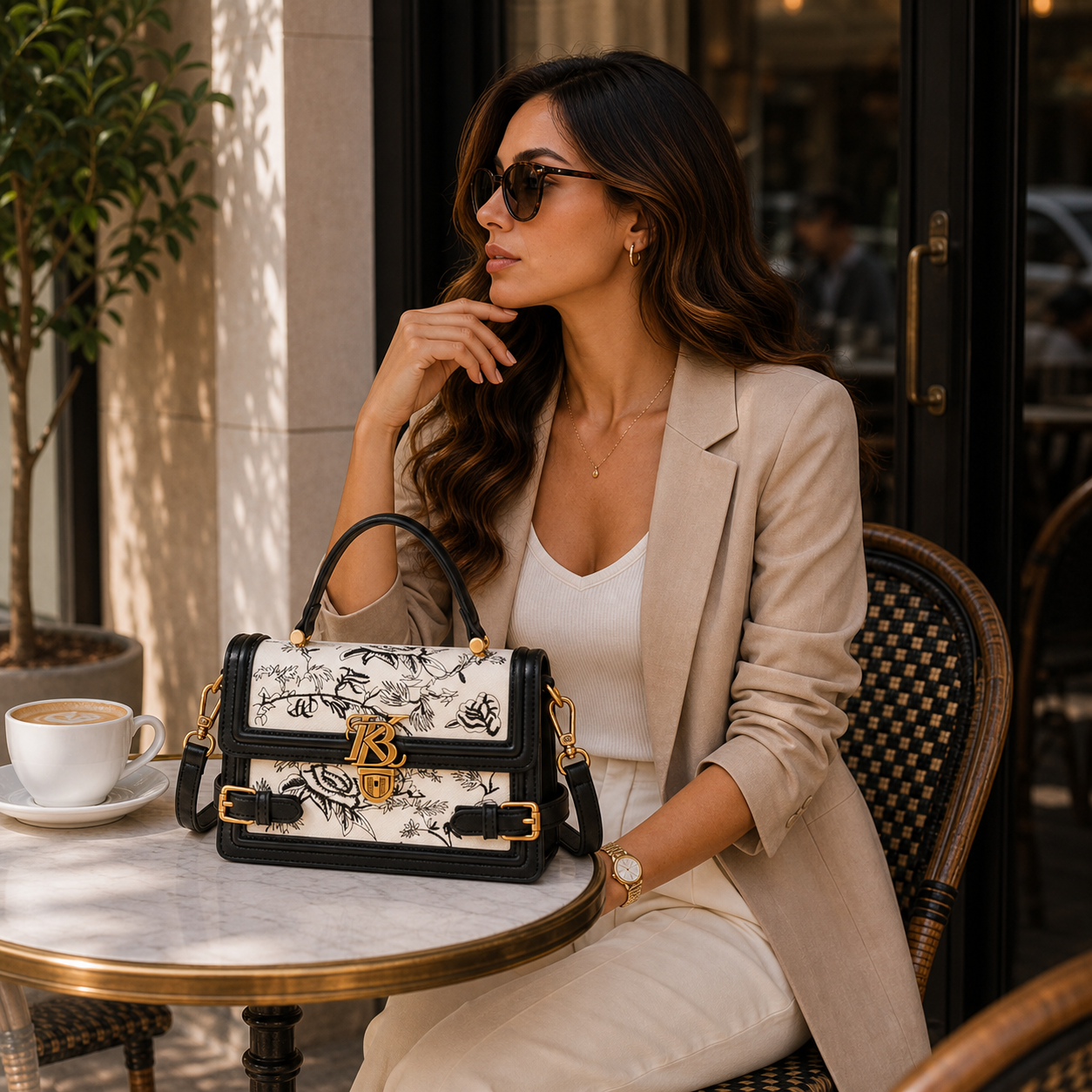 Model with Embroidered Niche Crossbody Bag at cafe