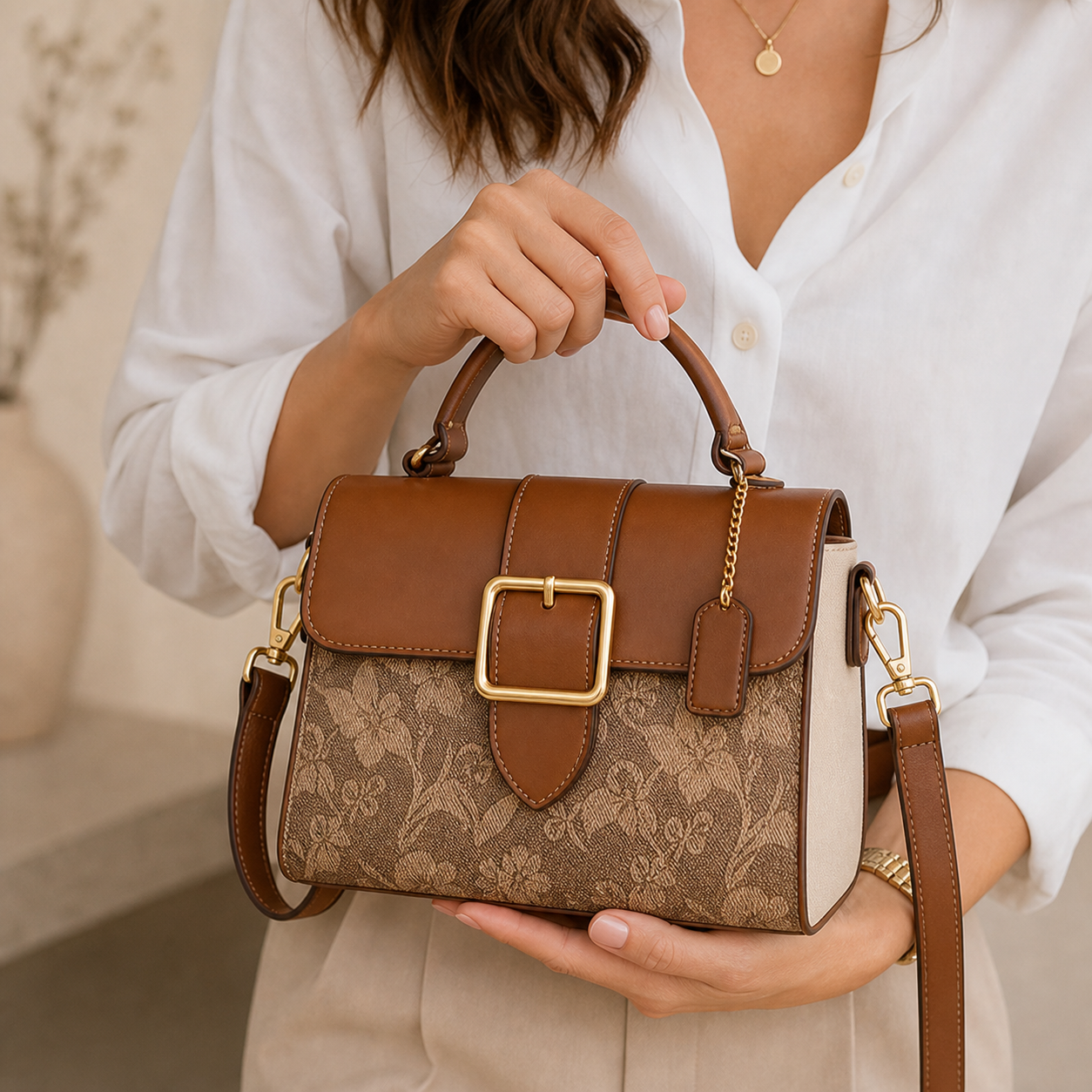 Model holding Brown French Retro Crossbody Tote