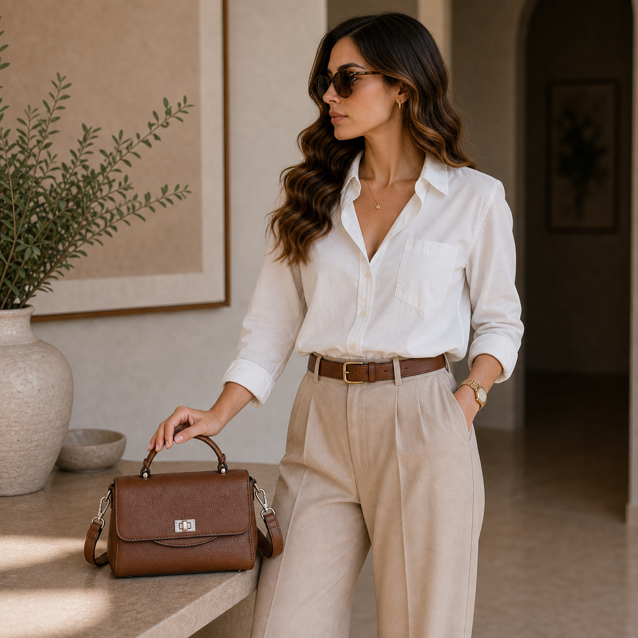 Model holding Brown Genuine Leather Crossbody Bag