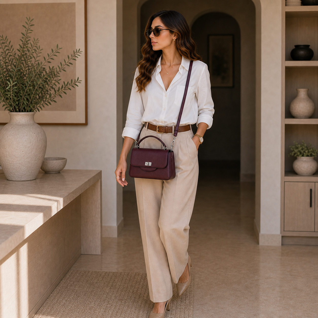 Model holding Burgundy Genuine Leather Crossbody Bag