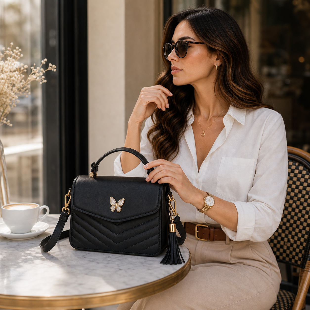 Model with Black Luxury Designer Square Bag