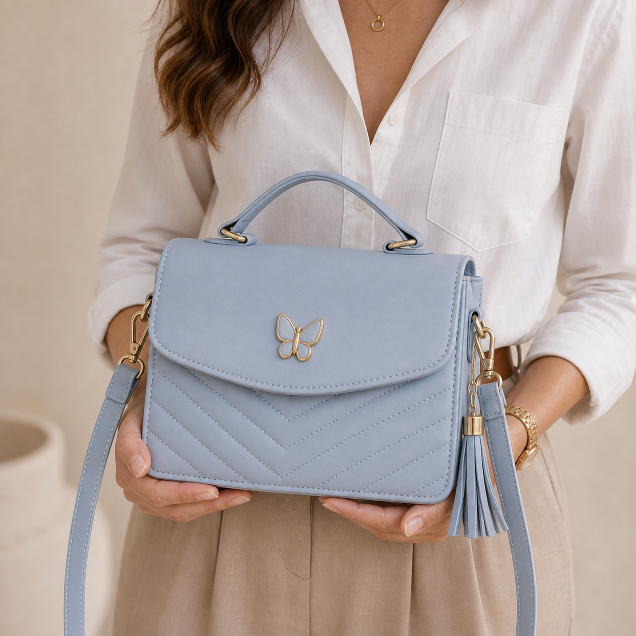 Model presenting Blue Luxury Designer Square Bag