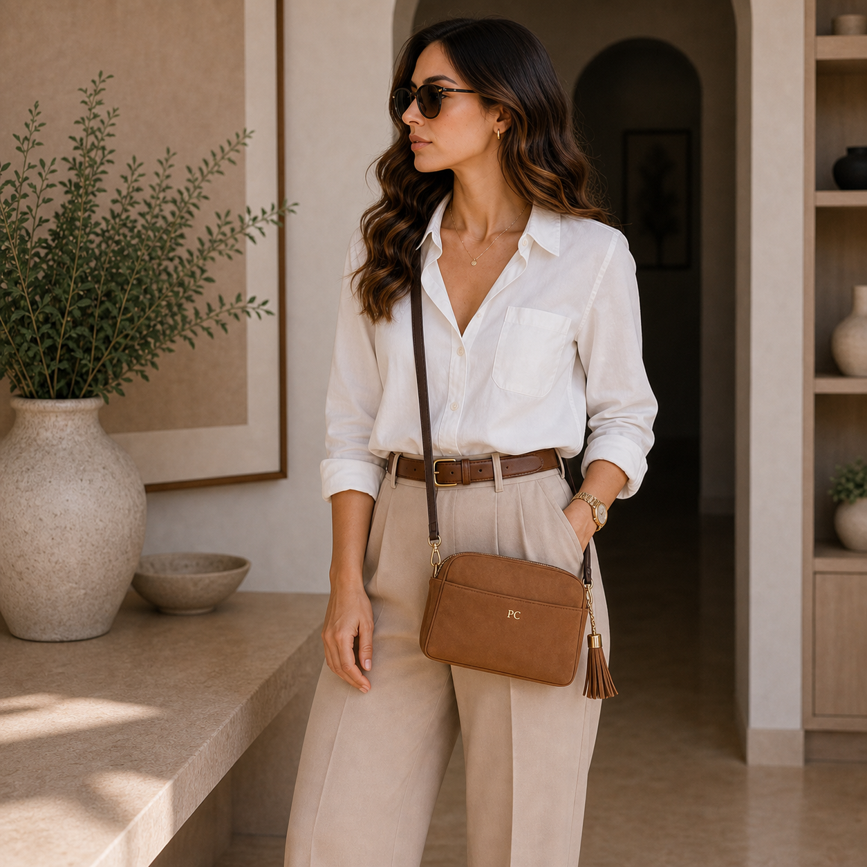 Model wearing Brown Minimalist Classic Crossbody Bag