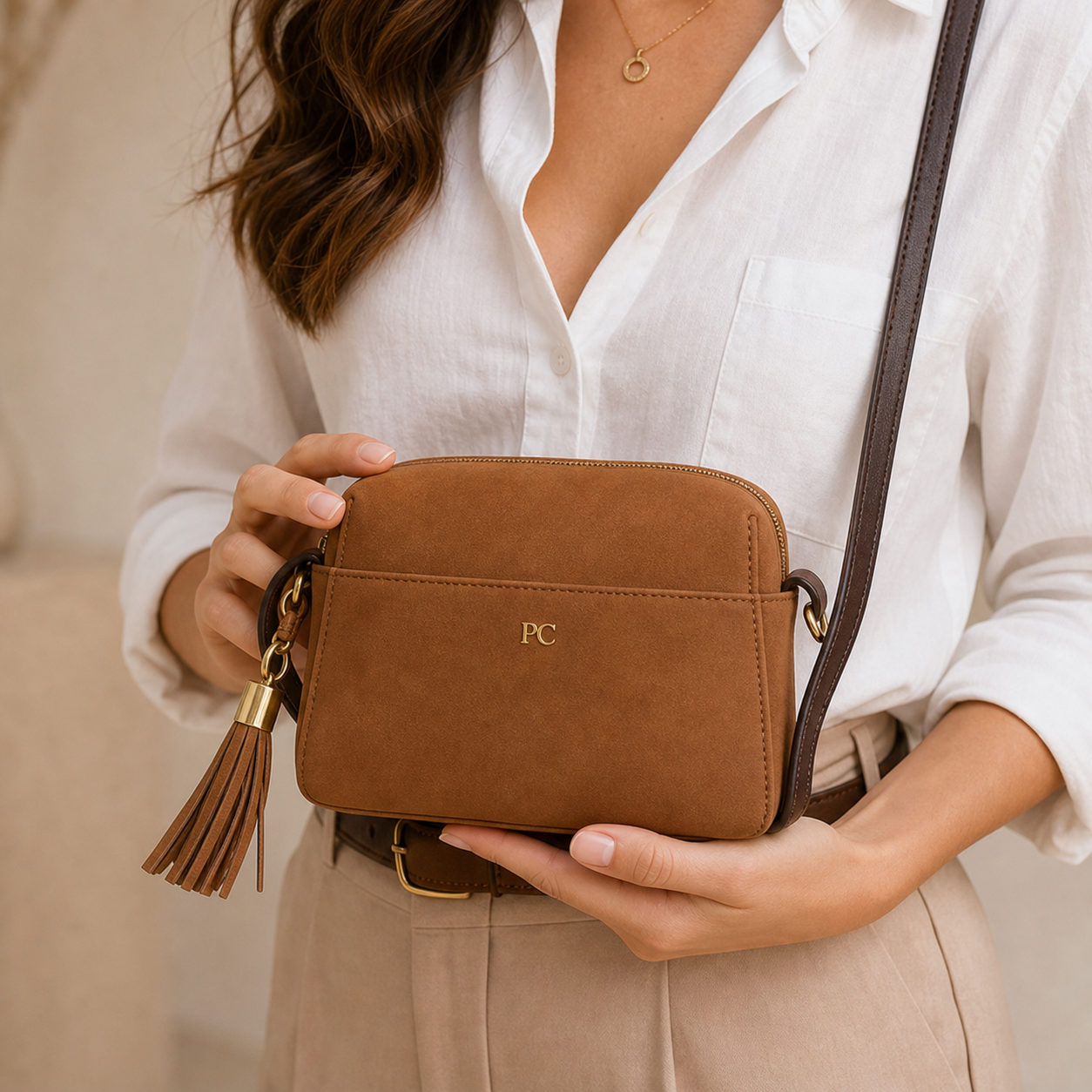 Model presenting Brown Minimalist Classic Crossbody Bag