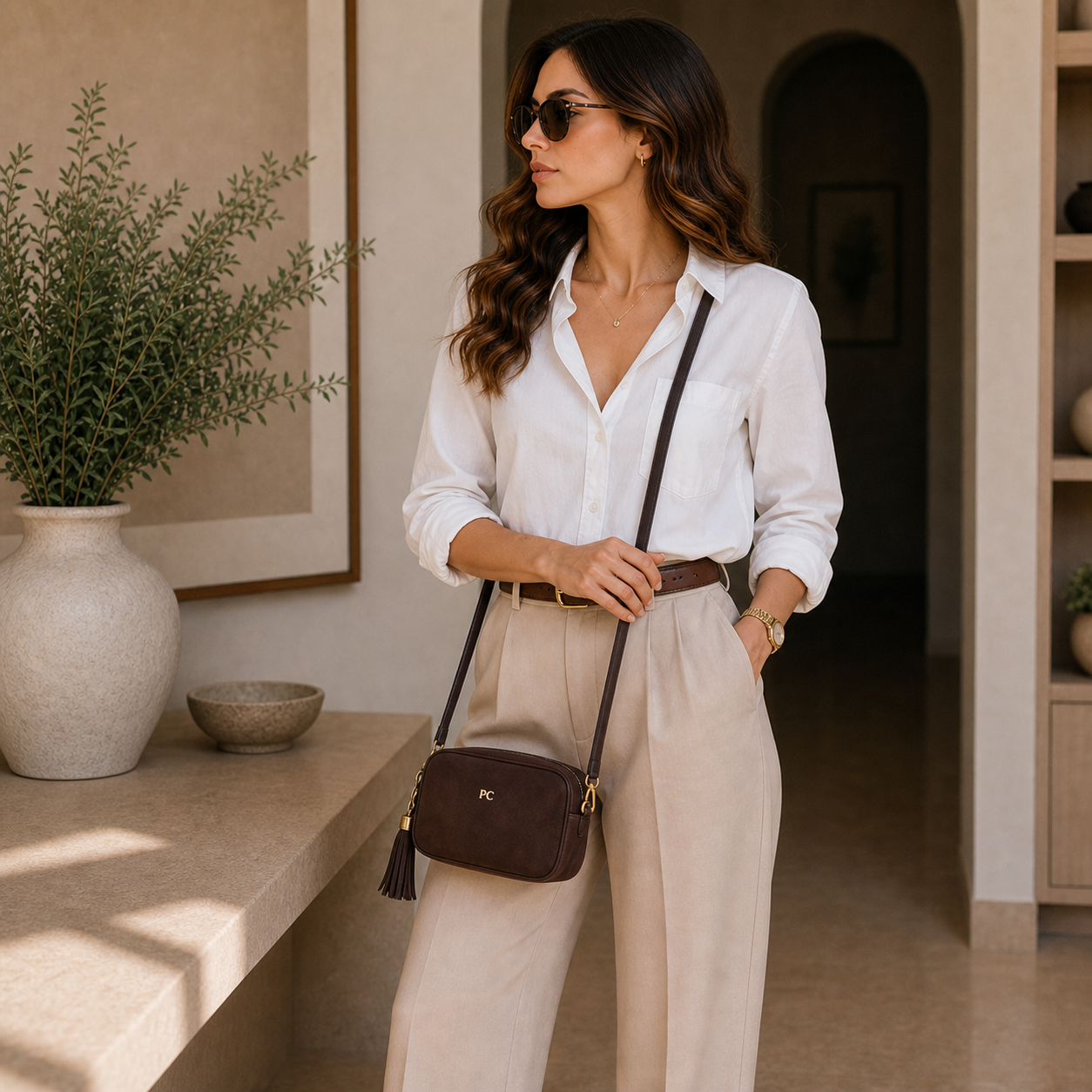 Model holding Coffee Minimalist Classic Crossbody Bag