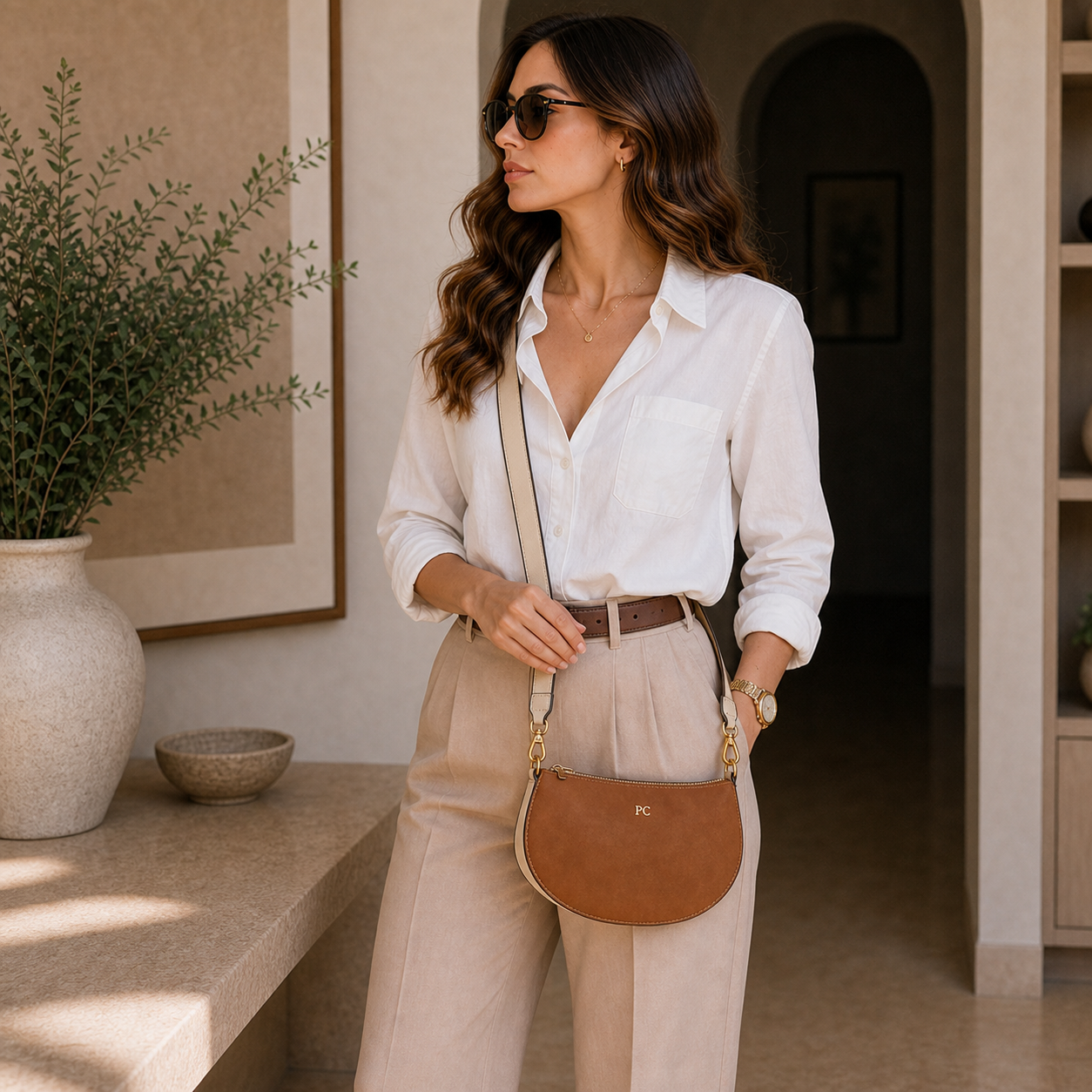 Model wearing Brown Minimalist Dumpling Handbag