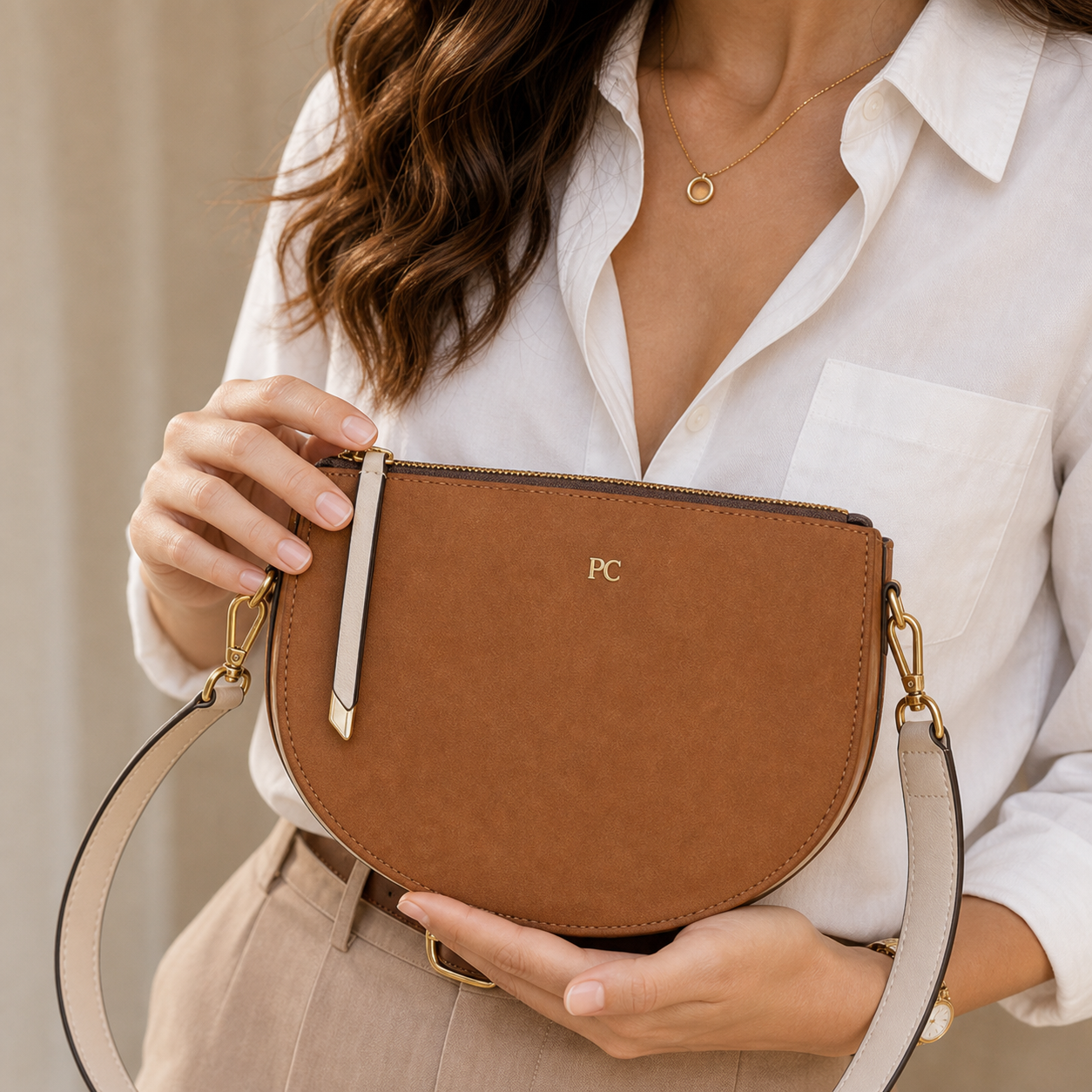 Model presenting Brown Minimalist Dumpling Handbag