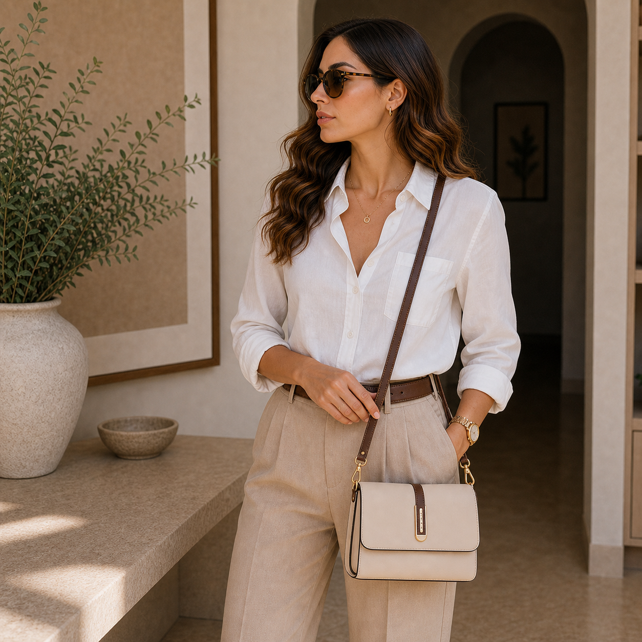 Model wearing Beige PU Leather Crossbody Bag