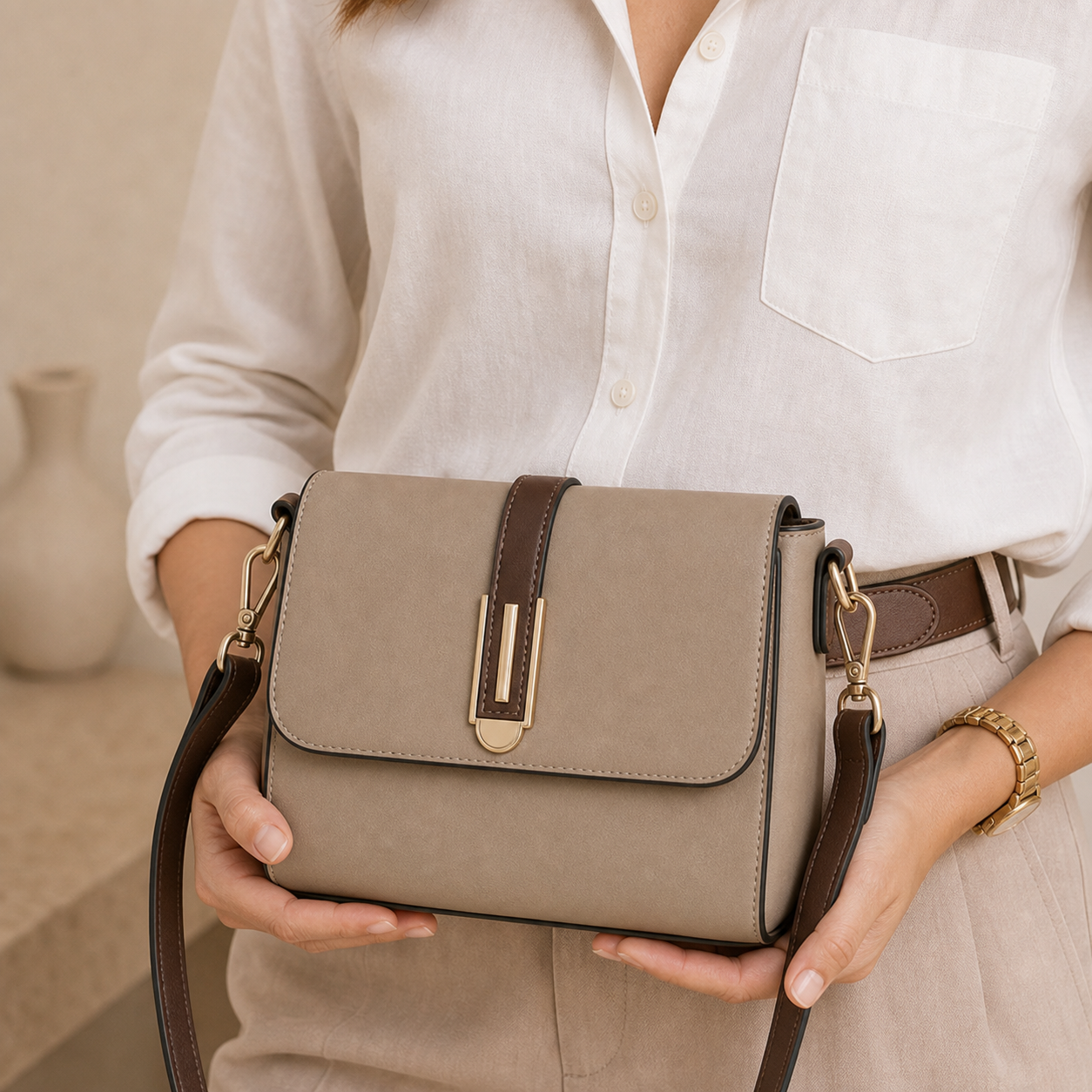 Model presenting Khaki PU Leather Crossbody Bag
