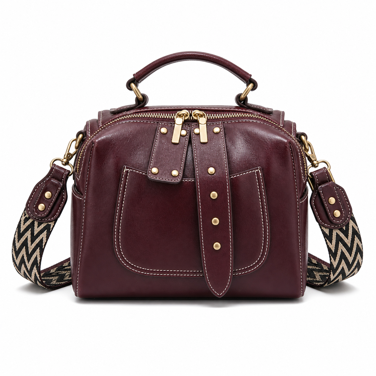 Retro Leather Crossbody Bag Burgundy variant on white background