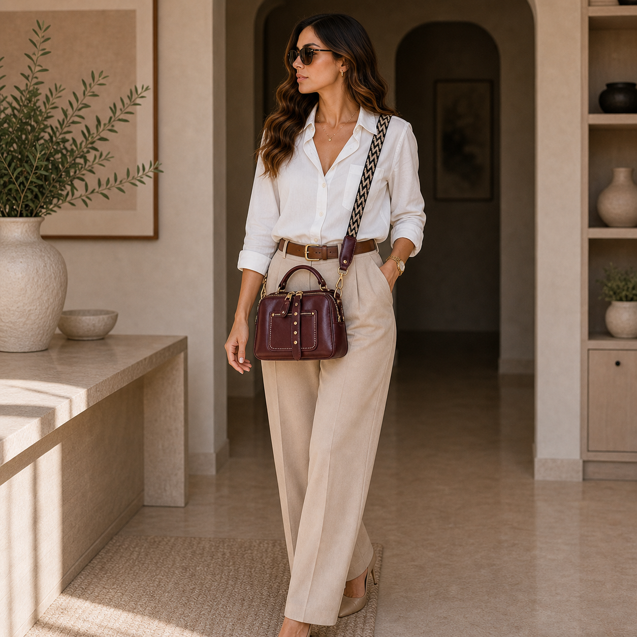 Model wearing Burgundy Retro Leather Crossbody Bag