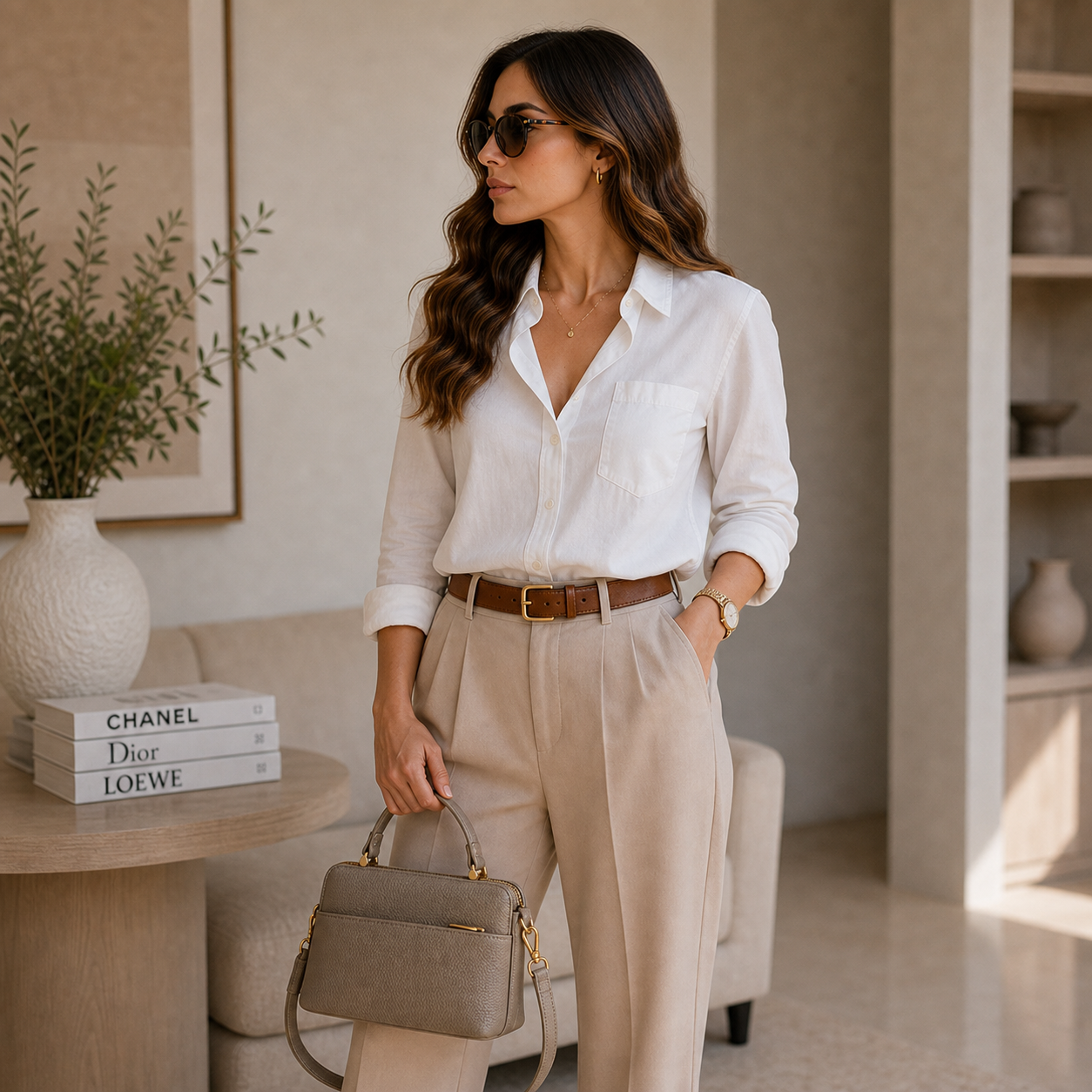 Model holding Khaki Retro Leather Shoulder Bag