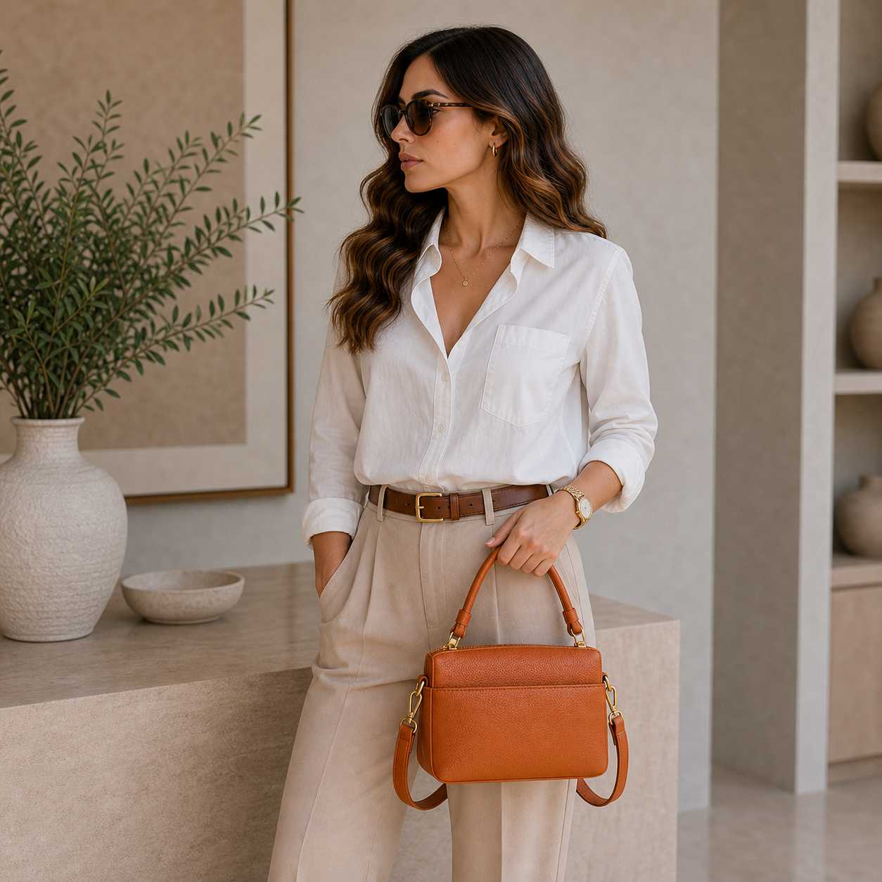 Model holding Orange Retro Leather Shoulder Bag