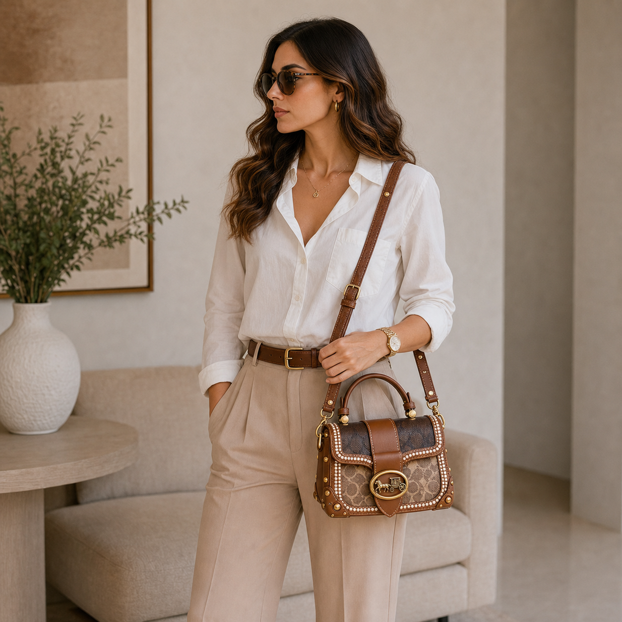 Model with Brown Retro Wide Strap Crossbody Bag